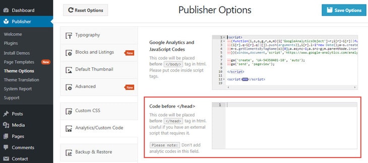 Put custom codes before head end tag in Publisher