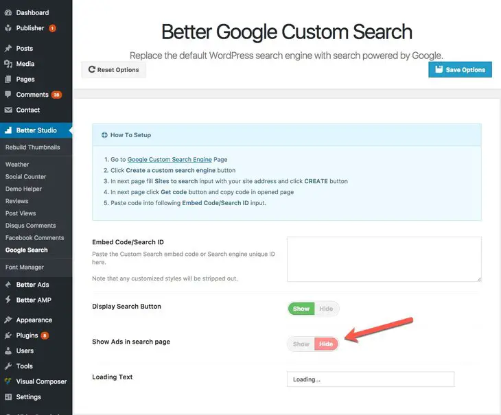 options of Better Google Custom Search