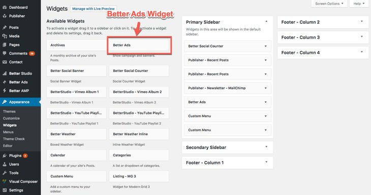 Find Better Ads widget in WordPress