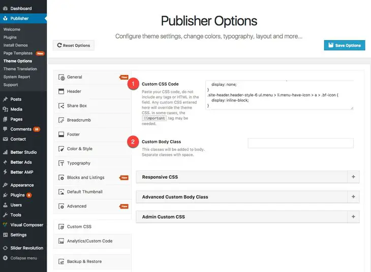 custom CSS setting in Publisher