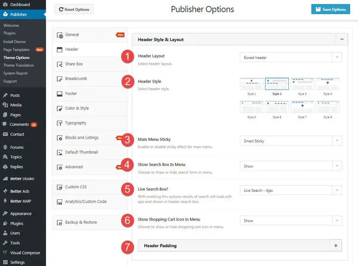 Header style settings in Publisher