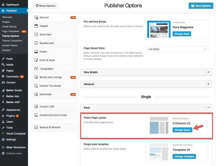 Changing layout of posts in Publisher