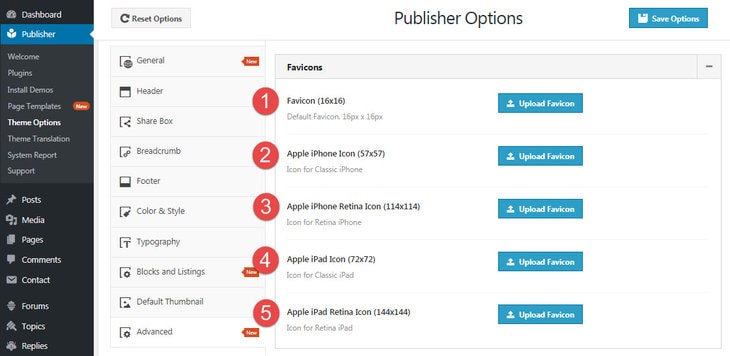 select favicons for different devices in Publisher theme