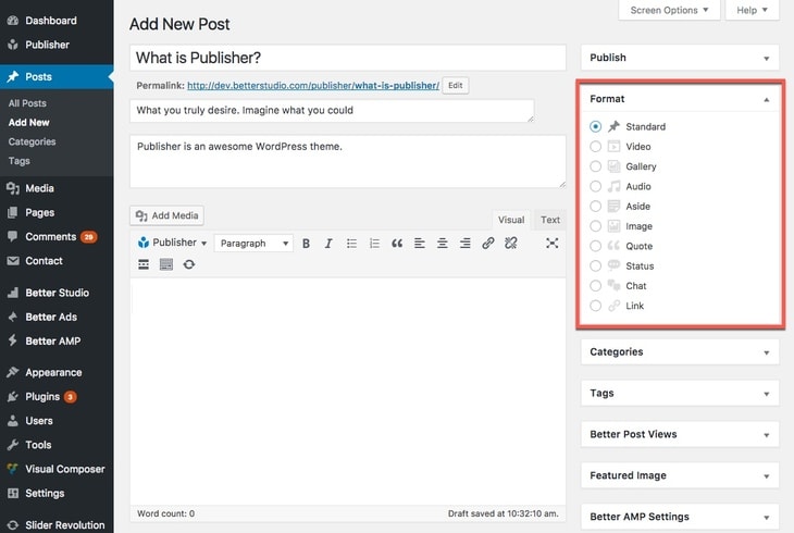 10 different post formats in Publisher
