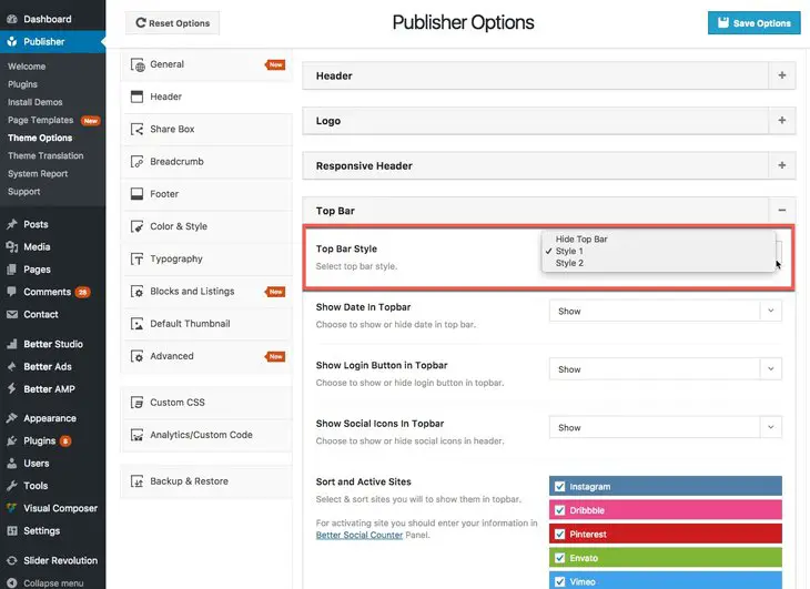 Activate Top Bar and change its style in Publisher