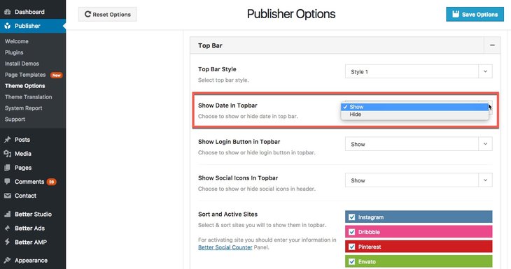 Show or hide date in Top Bar in Publisher