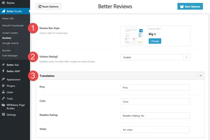 Better Reviews general options