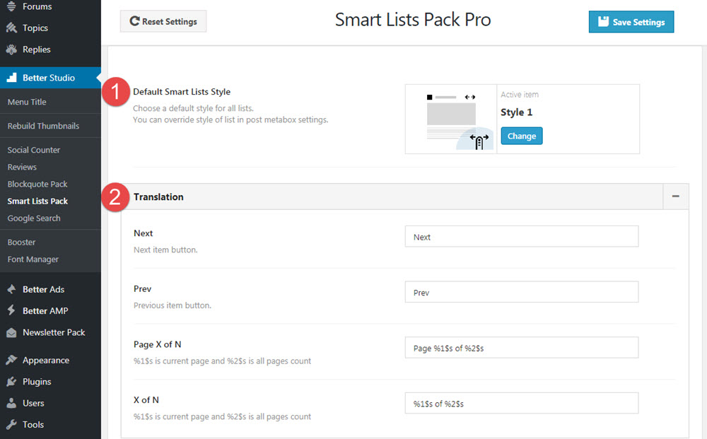 Smart Lists Pack general options