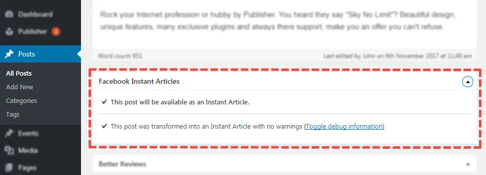 Instant article message in post editor