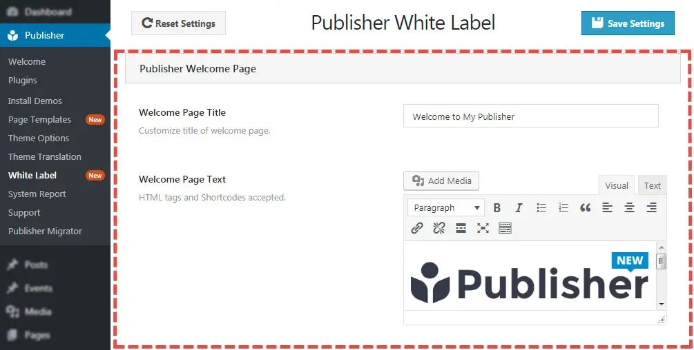 Publisher welcome page in white list